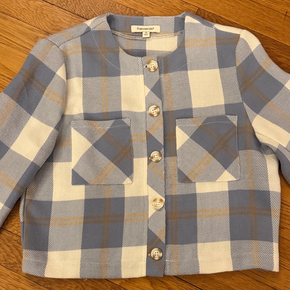 Francesca's Collections Plaid Blazer in Blue and Cream